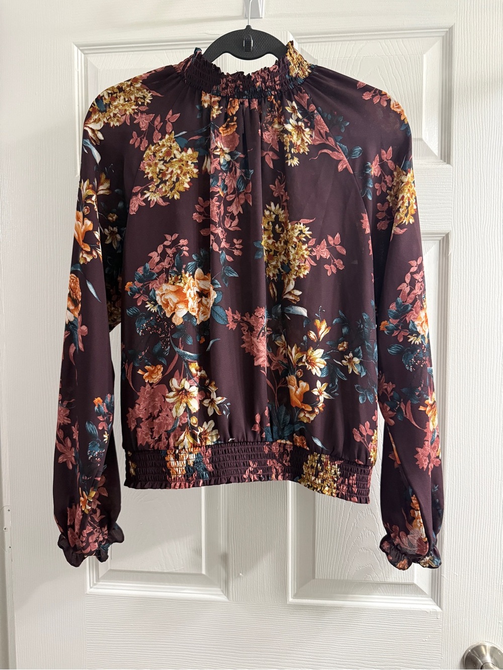 I.N. San Francisco Burgundy Floral Smocked Neck Blouse